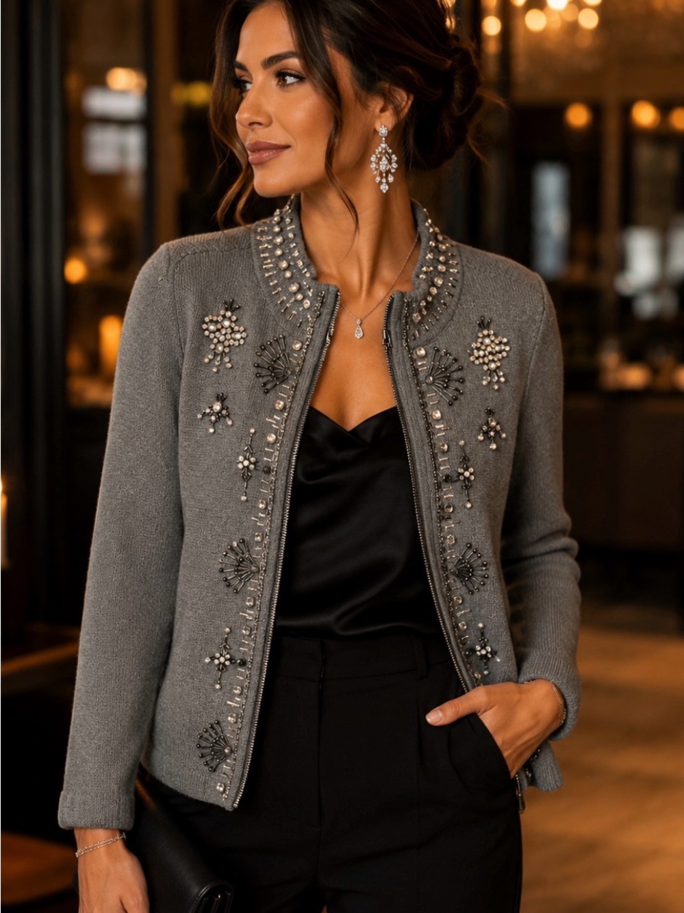 Chico's Gray Embellished Knit Zip Jacket